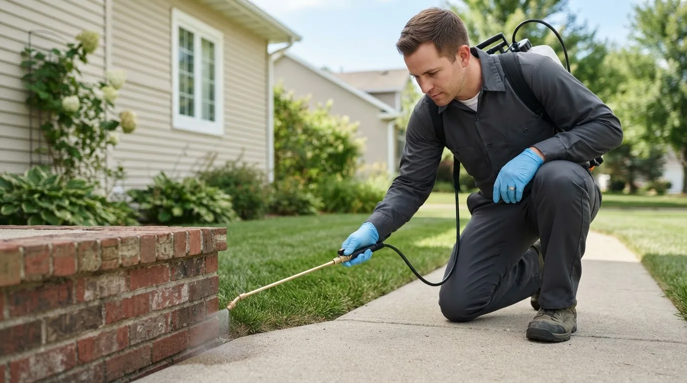 Pest control technician treating a home near Spencer, IA